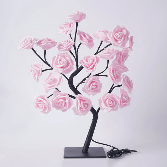 Pink rose flower LED tree lamp with soft warm ambient lighting